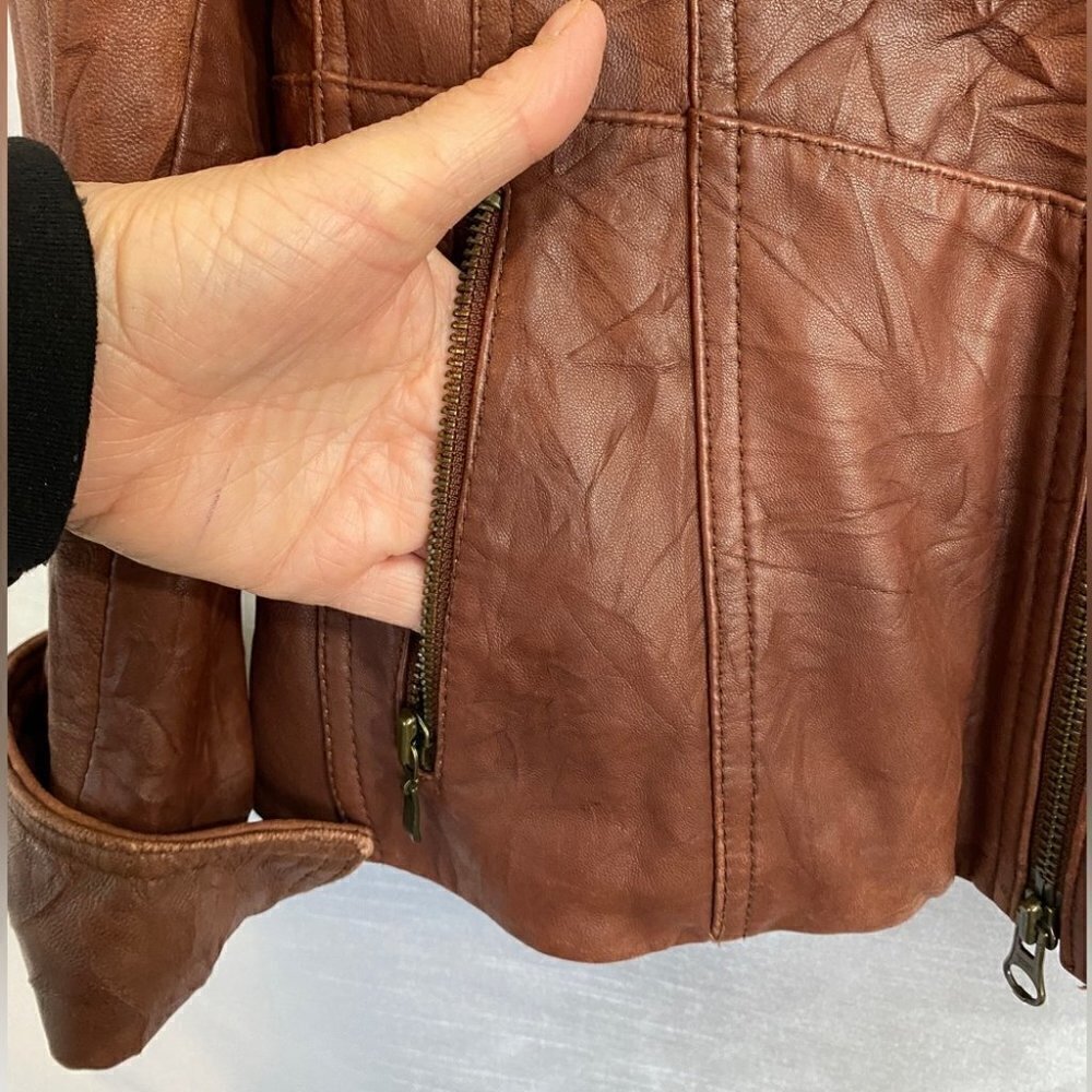 Tribal Rustic Red Vegan Leather Biker Jacket Ladies 4 - Picture 6 of 11